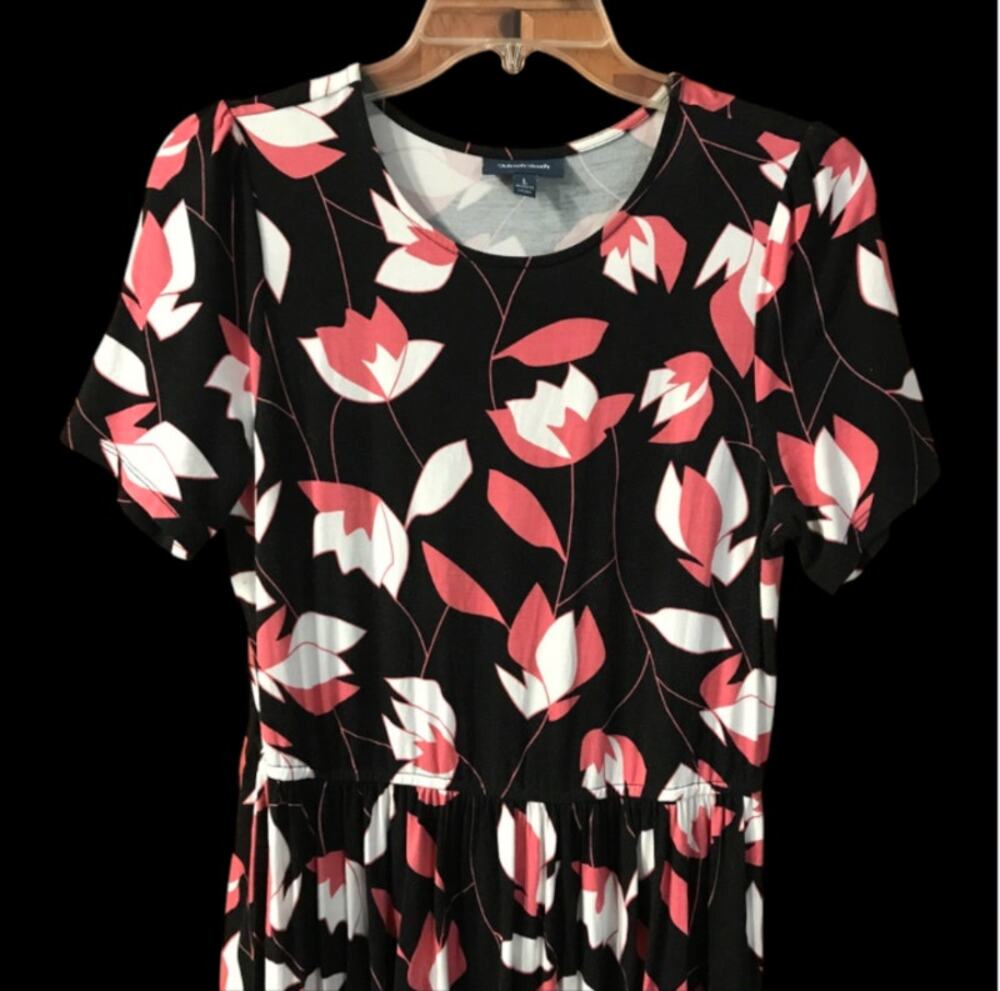 Modcloth floral Tulip print knit dress Size Large Black Pink White